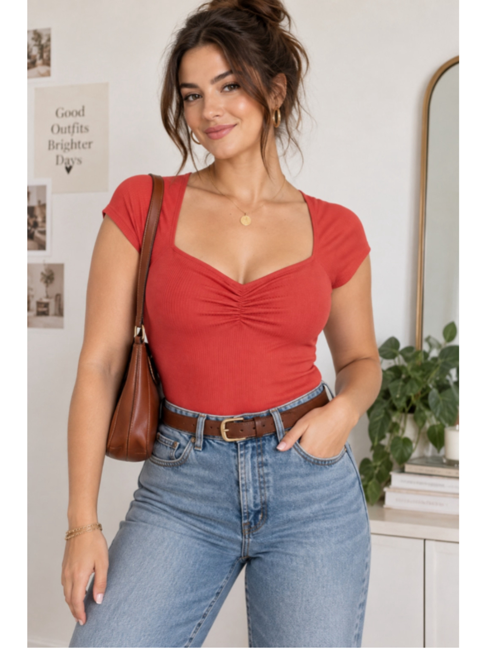 Old Navy Double-Layer Ribbed Cinched Bodysuit Coral Orange M